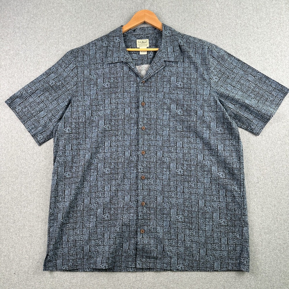 LL Bean Button Down Mens XL Tall Blue Aztec Mayan Print Short Sleeve